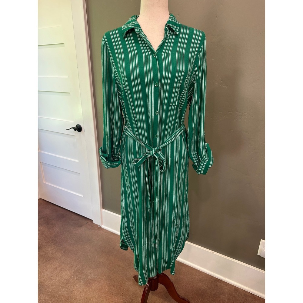 NWT Anthropologie Maeve Martina Belted Shirt Dress Sz 10 Green Striped Coastal - Picture 4 of 16